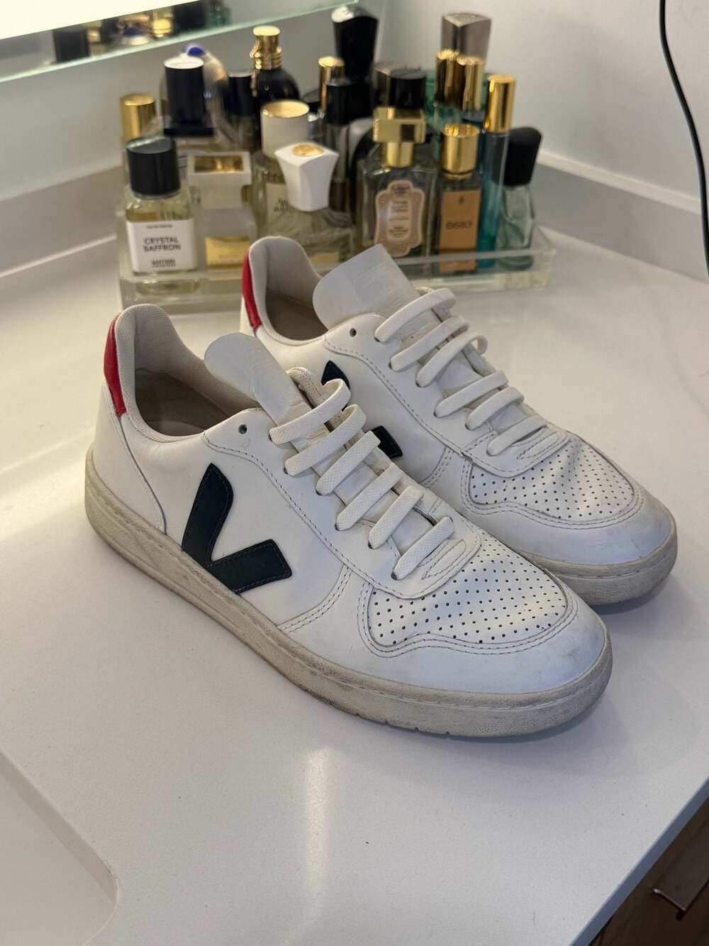 Veja V-10 Leather Sneakers in White, Nautico, and Pekin